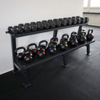 IRONSTAR storage system for hex dumbbells and kettlebells.