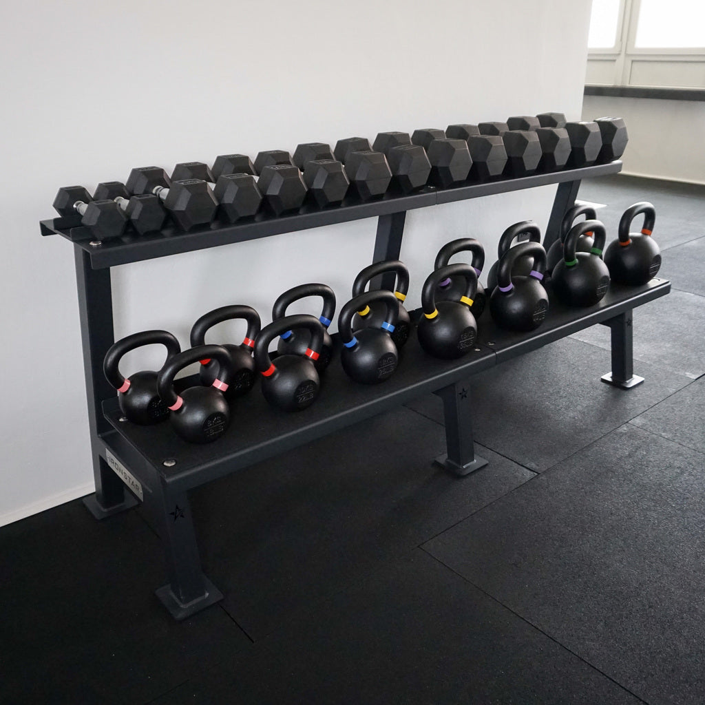 IRONSTAR storage system for hex dumbbells and kettlebells.