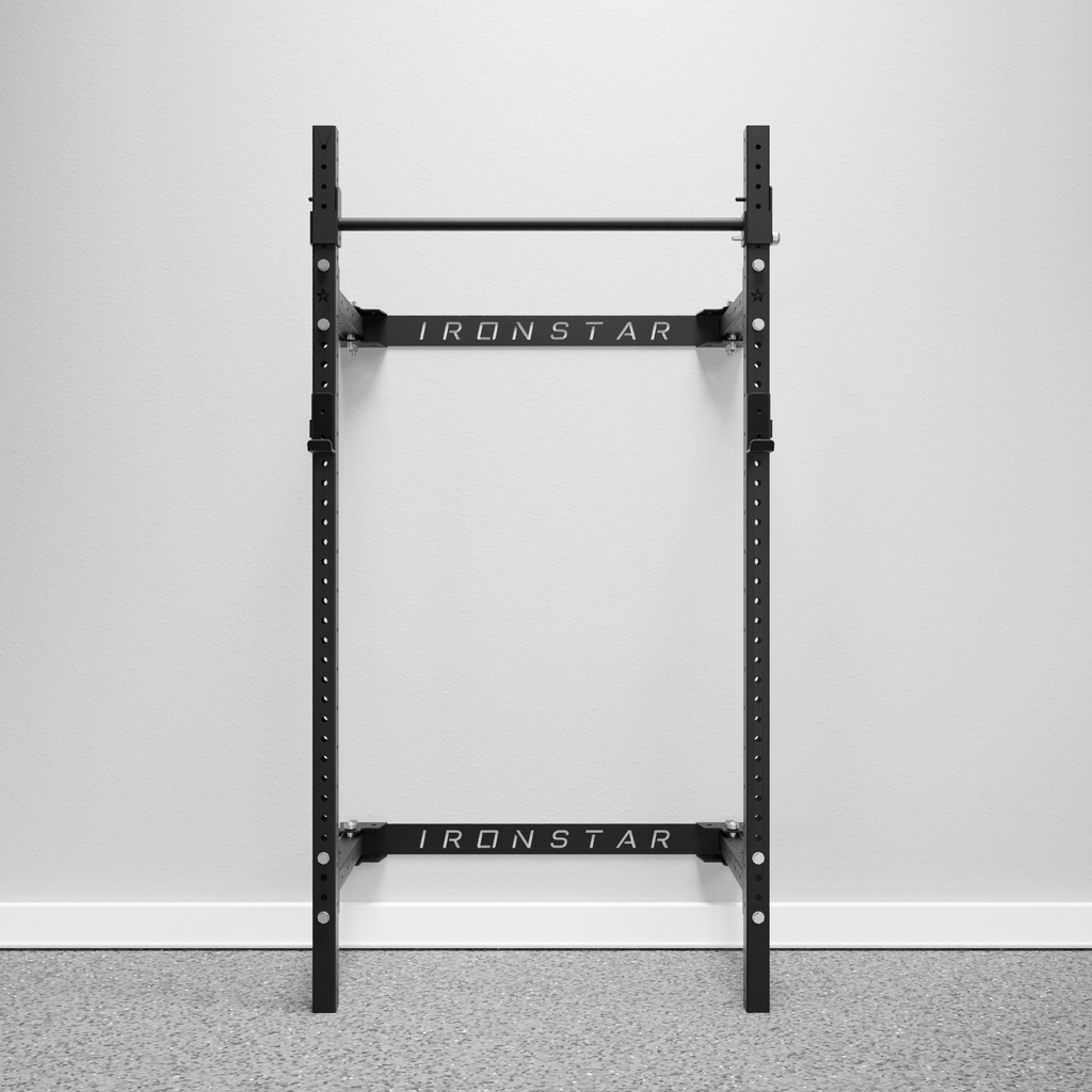 IRONSTAR FOLD BACK wall mount rack for space-saving gym.